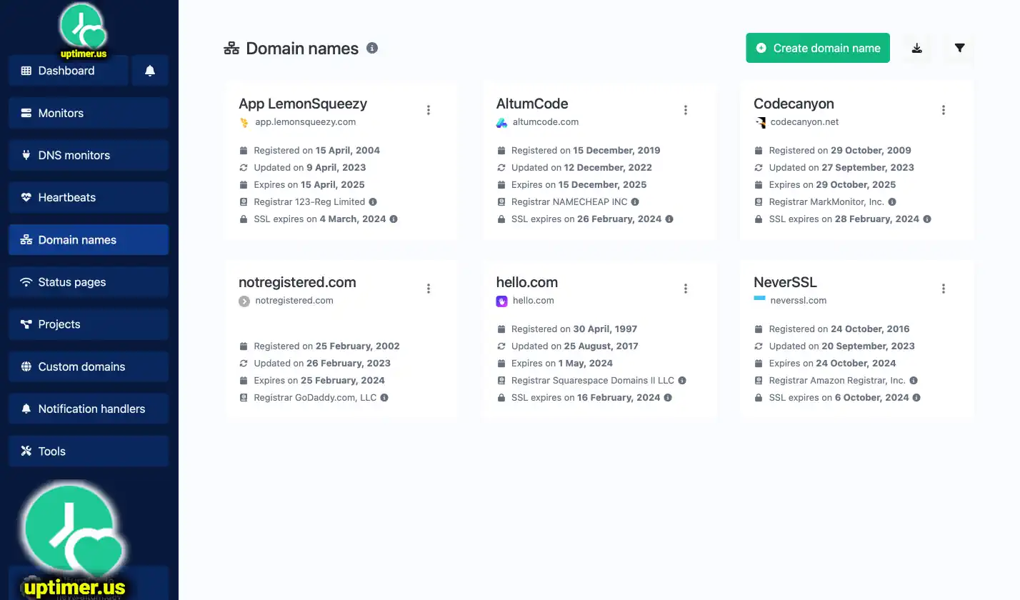 Screenshot of the app domain names list page
